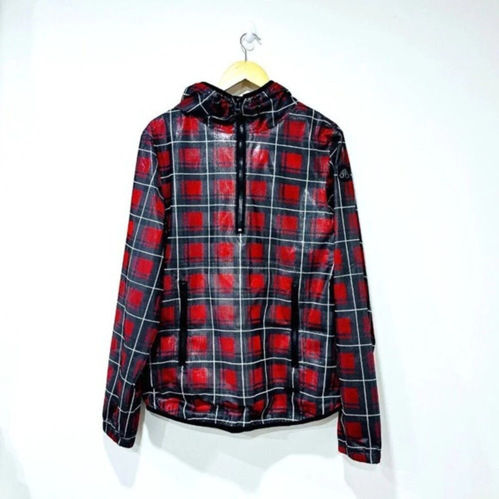 MOOSE‎ KNUCKLES Red Black Plaid Hooded Half Zip Rain Jacket Medium